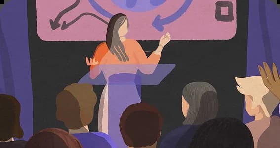 Fellowship illustration showing a speaker at a podium addressing an audience at a conference